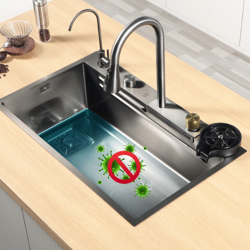 Left drainage 304 stainless steel nano-waterfall Large single under the kitchen sink