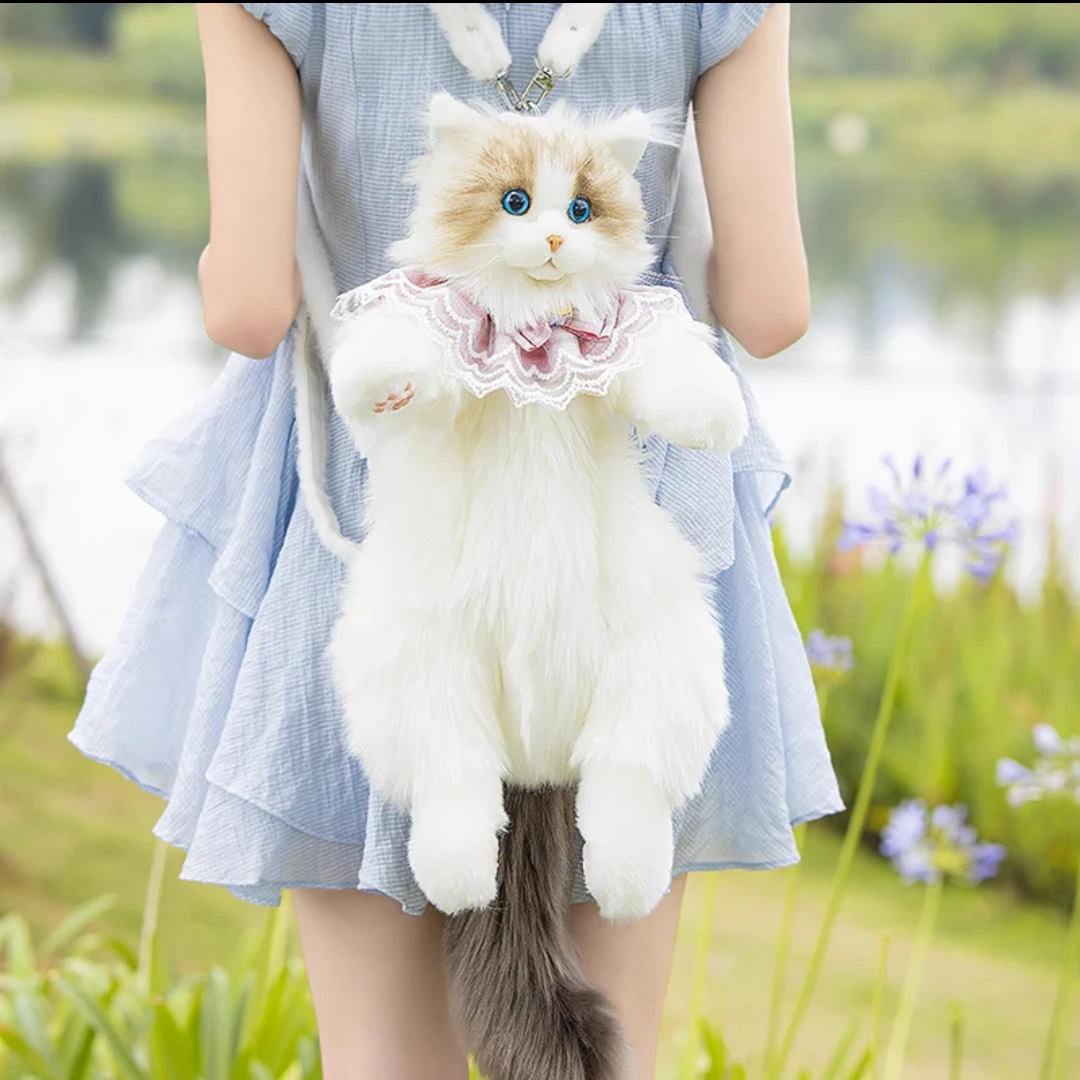 Pure handmade simulation plush cat backpack Trendy and fashionable doll cat bags Cat shopping bag suitable for birthday gifts