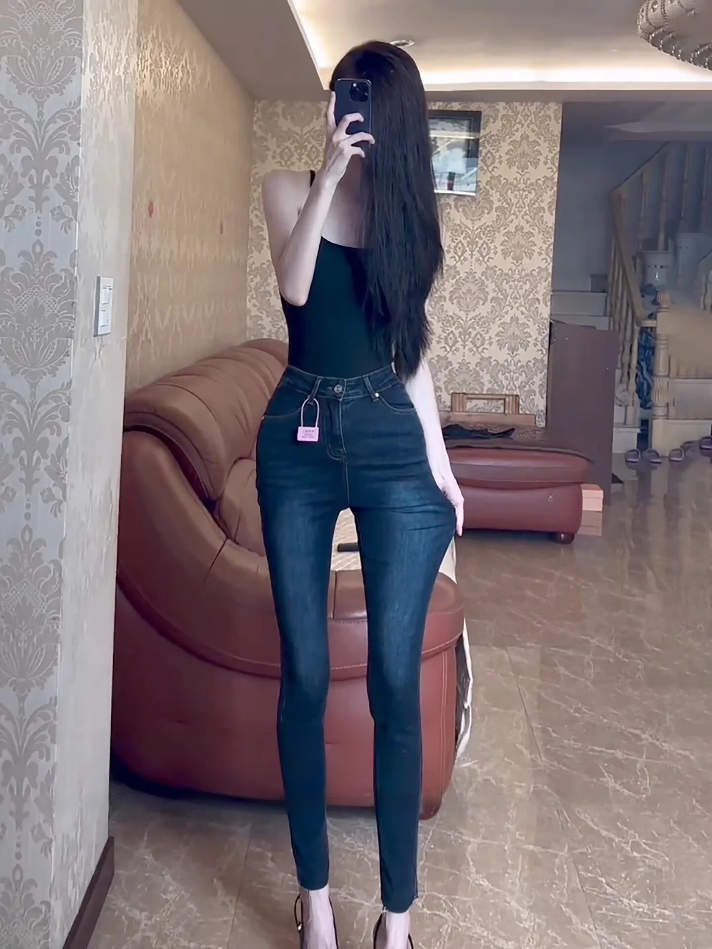 

Retro k Blue Fce Lined High Waist Stretchy Slimming Nine Point Jeans Women's Autumn Winter Warm Slim Fit Ankle Length