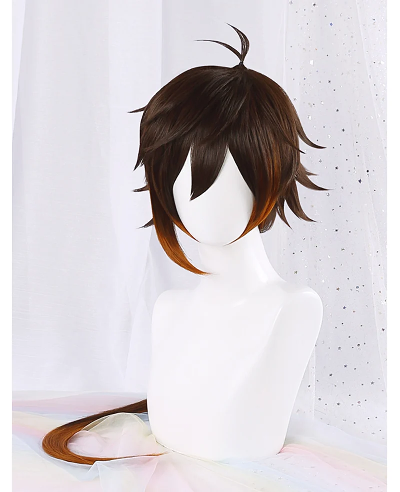 High Quality Game Genshin Impact Zhongli Cosplay Wig Anime 90cm Long Brown Orange Heat Resistant Hair Wigs + Wig Cap - view 2