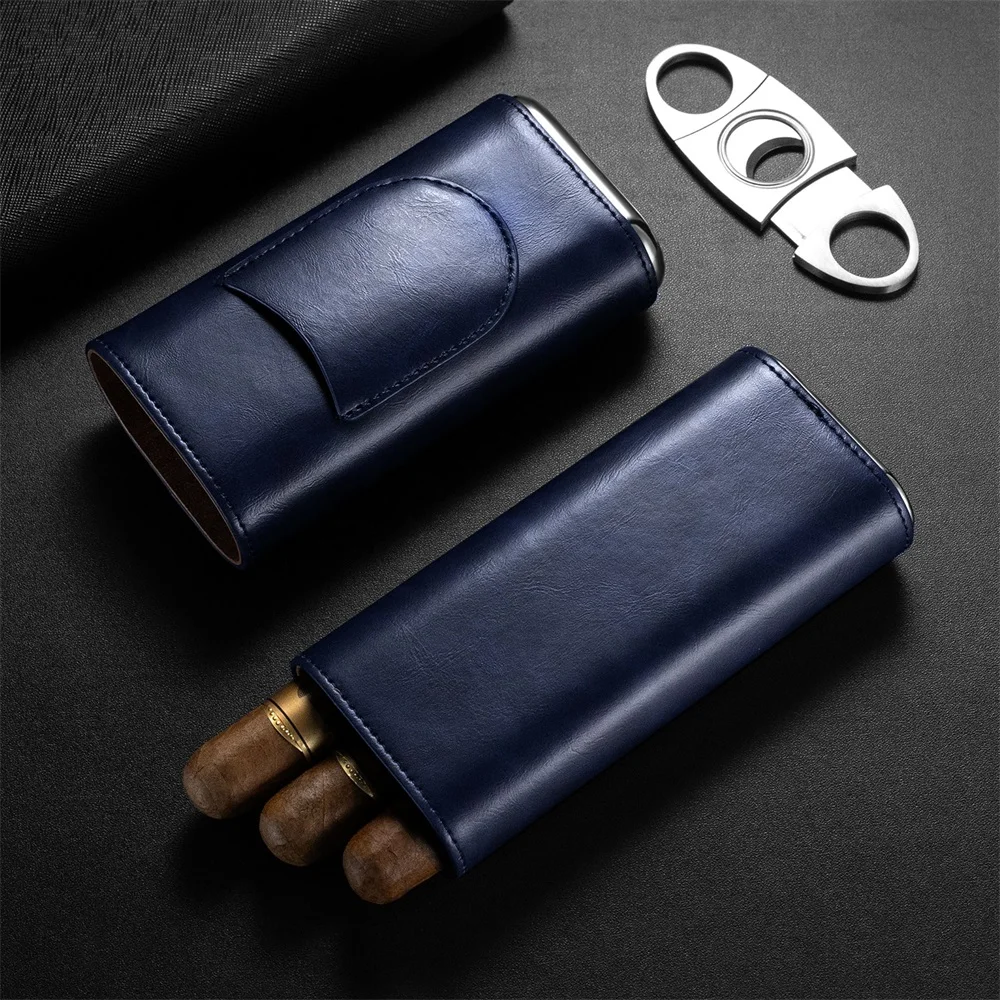 3-pack Cigar Case Portable Leather Holder Box Storage with Stainless Steel Sharp Cigar Cutter Luxury Smoking Accessories CH-24FA