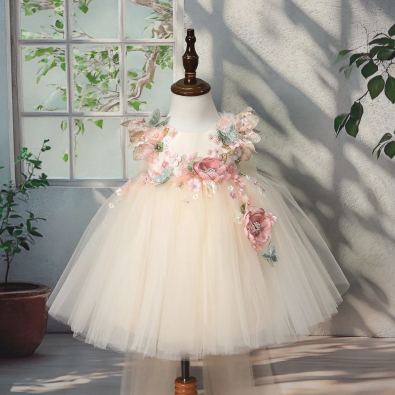 

Girls Lolita Dress 3D Flowers Puffy Tulle Pearl Flower Girl Princess Gown Kids Birthday Party Formal Celebration Evening Dresses