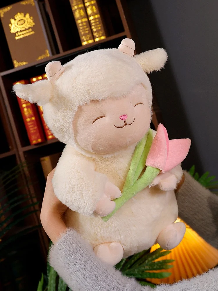 Kawaii süße weiße Schafe Lam Hold Tulpe Blume Plüschpuppe weich gefülltes Lamm mit Tulpe Plüschtier Spielzeug süßes Geschenk für Kindergeburtstag – Detail 2