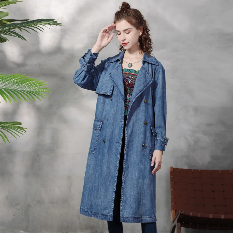 #2811 Blue Denim Trench Coat For Women Belt Vintage Long Coat Ladies Big Pockets Double Breasted Jeans Trench Coats Split Joint