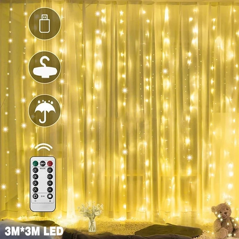 Impermeável LED Fairy String Lights com controle remoto USB, fio de cobre, cortina luz, guirlanda para acampamento ao ar livre, decoração de