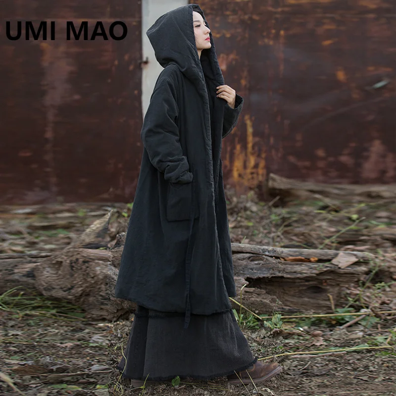 UMI MAO Winter Cotton Hemp Coat New Style Thickened Stir Fried Used Long Cotton Coat Retro Zen Style Hooded Witch Cotton Robe