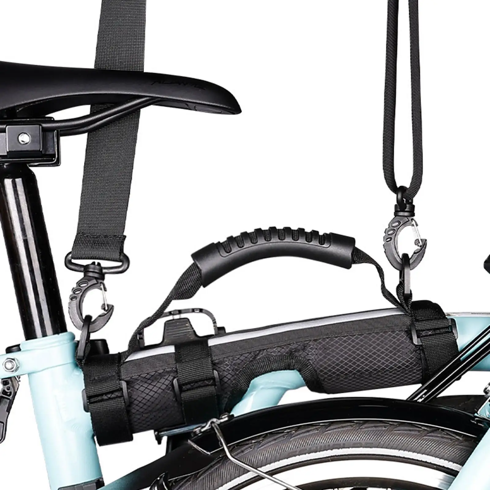 折りたたみ自転車キャリーストラップ-調節可能なショルダーハンドル-人間工学に基づいたグリップ-折りたたみ自転車とバイクパッキング用のスペアパーツ