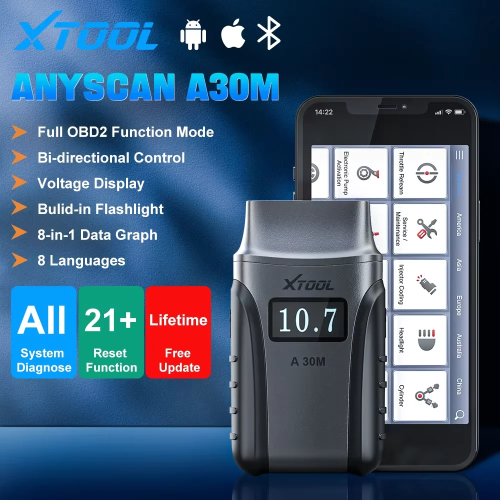 Escáner XTOOL Anyscan A30M OBD2, actualizaciones libres de por vida Escáner de automóvil, control bidireccional, escape ABS, VIN automático, 21