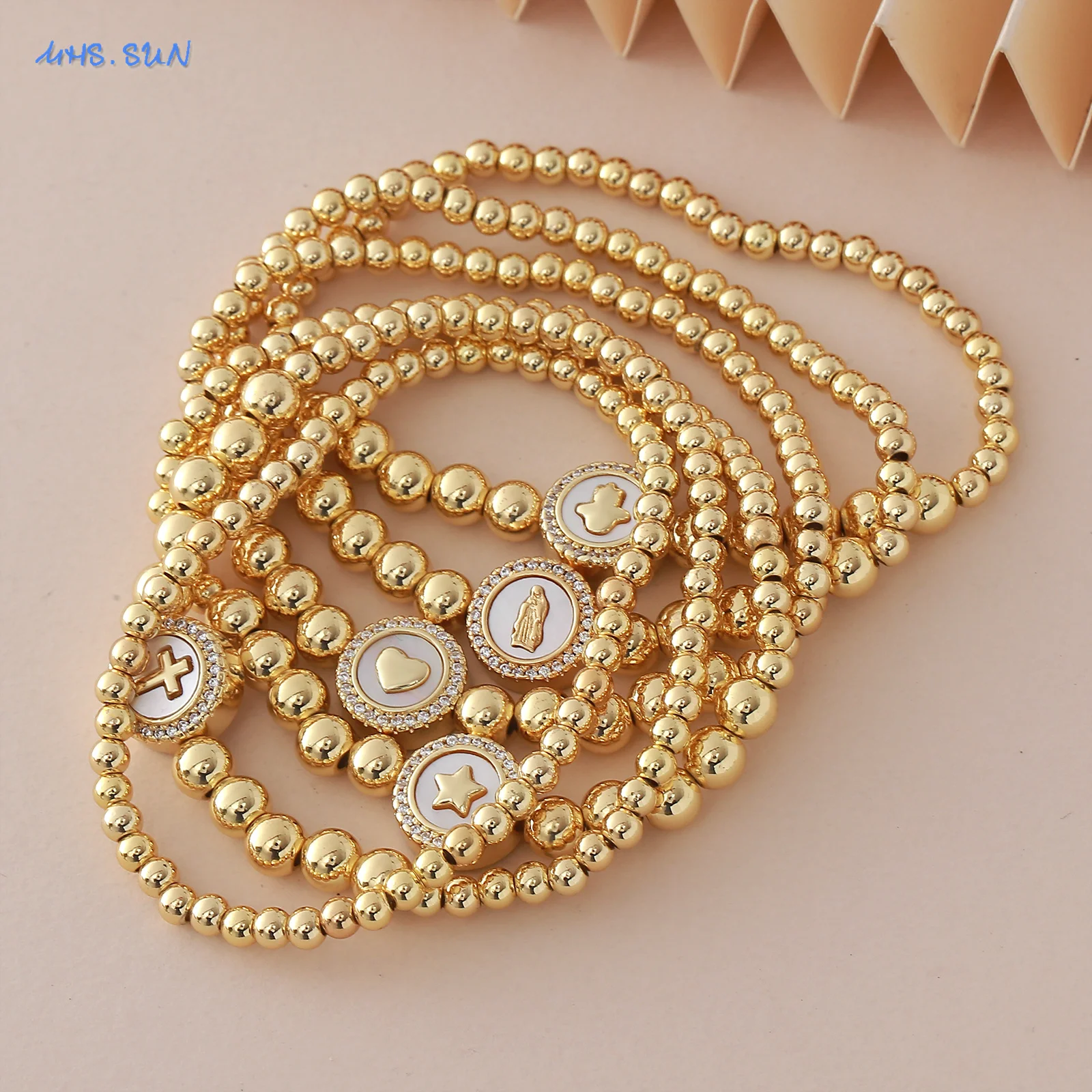 MHS.SUN 6MM Gold Plated/Shell Pearl Beaded Bracelets For Women Men Cross/Heart/Star Charm Bead Bracelet Handmade Jewelry Gift