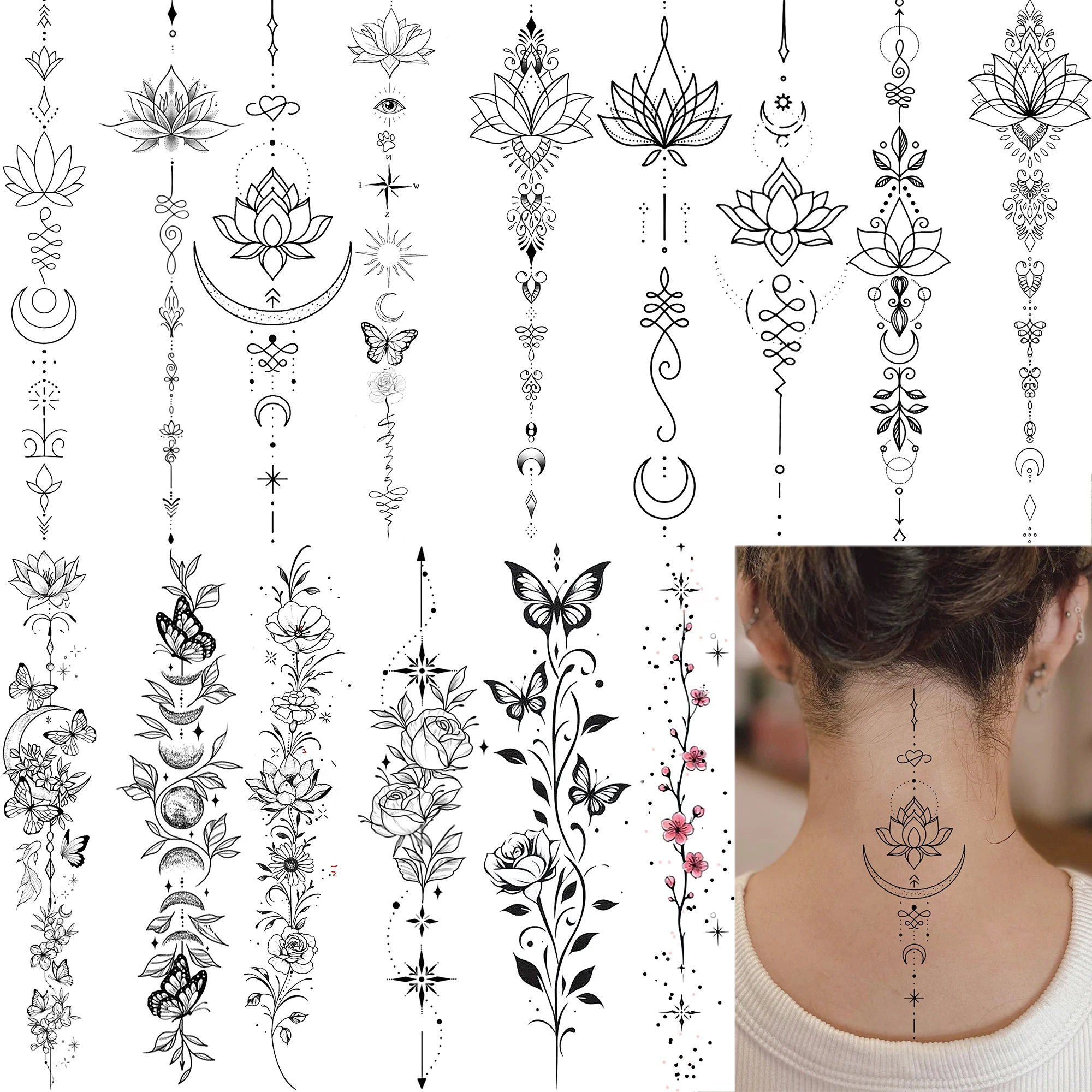 

1 Sheet Lotus Butterfly Crescent Temporary Tattoo For Women Neck Hand, Long Lasting Waterproof Realistic Temp Fake Tatoo Sticker
