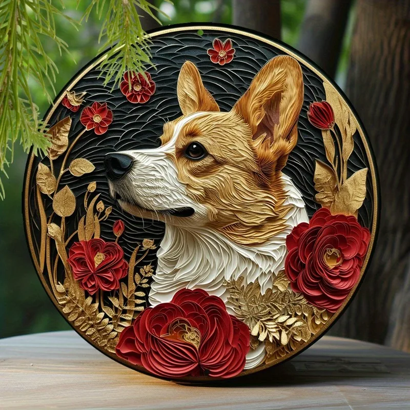 

Pembroke Welsh Corgi 8x8" Round Aluminum Sign - Spring Wreath Decor with Faux Foil Stamping, Perfect Easter Gift for Apartment