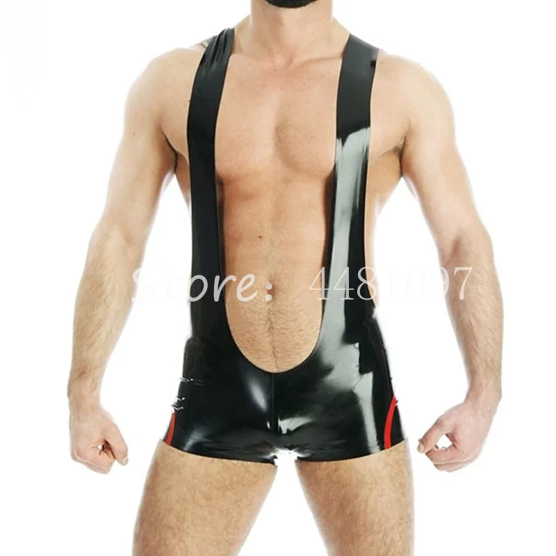 

Black latex suspender romper shorts pants black with front zip men latex bodysuit