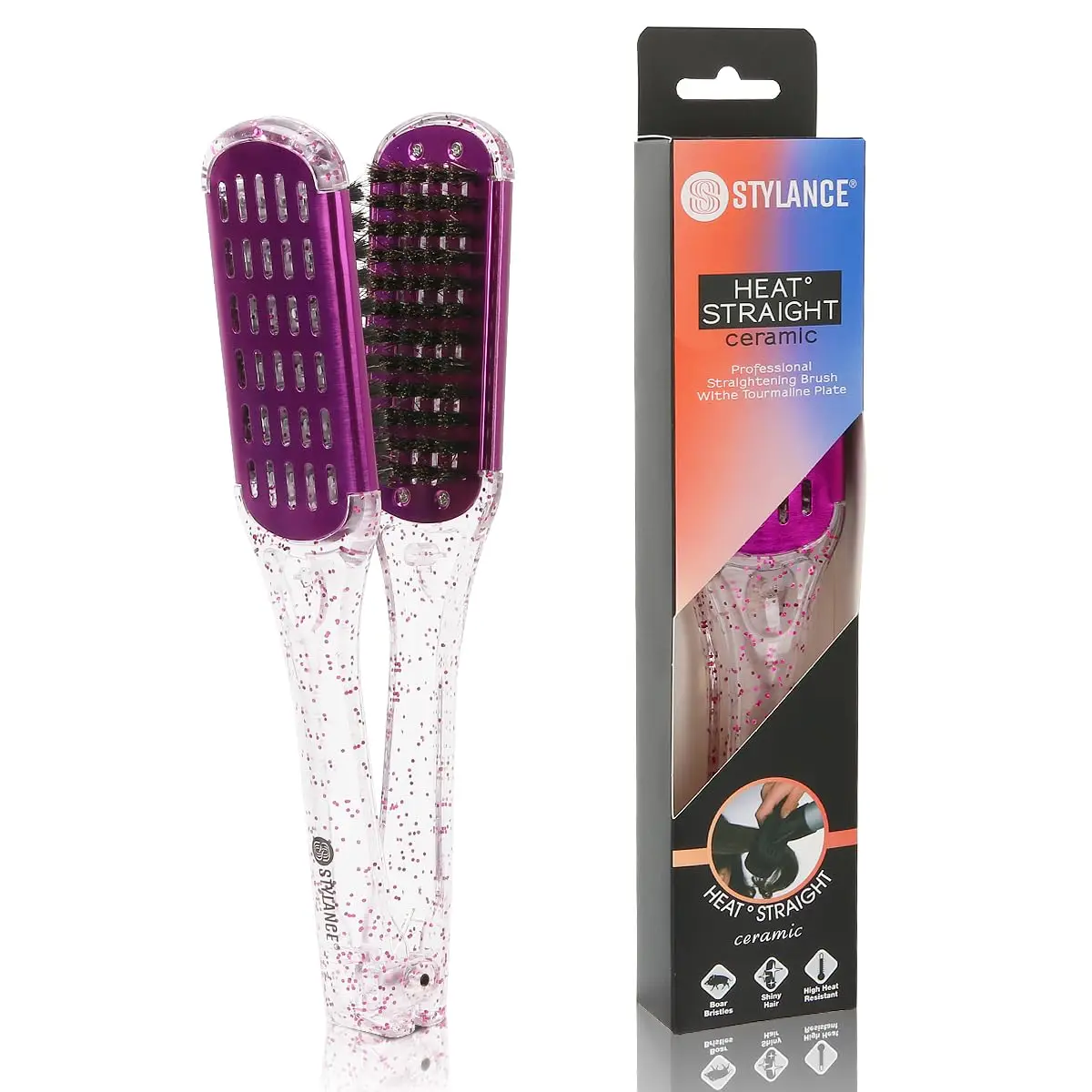 

Boar Bristle Clamp Hair Brush, Ceramic Double Sided Brush for Straightening, Detangling & Styling