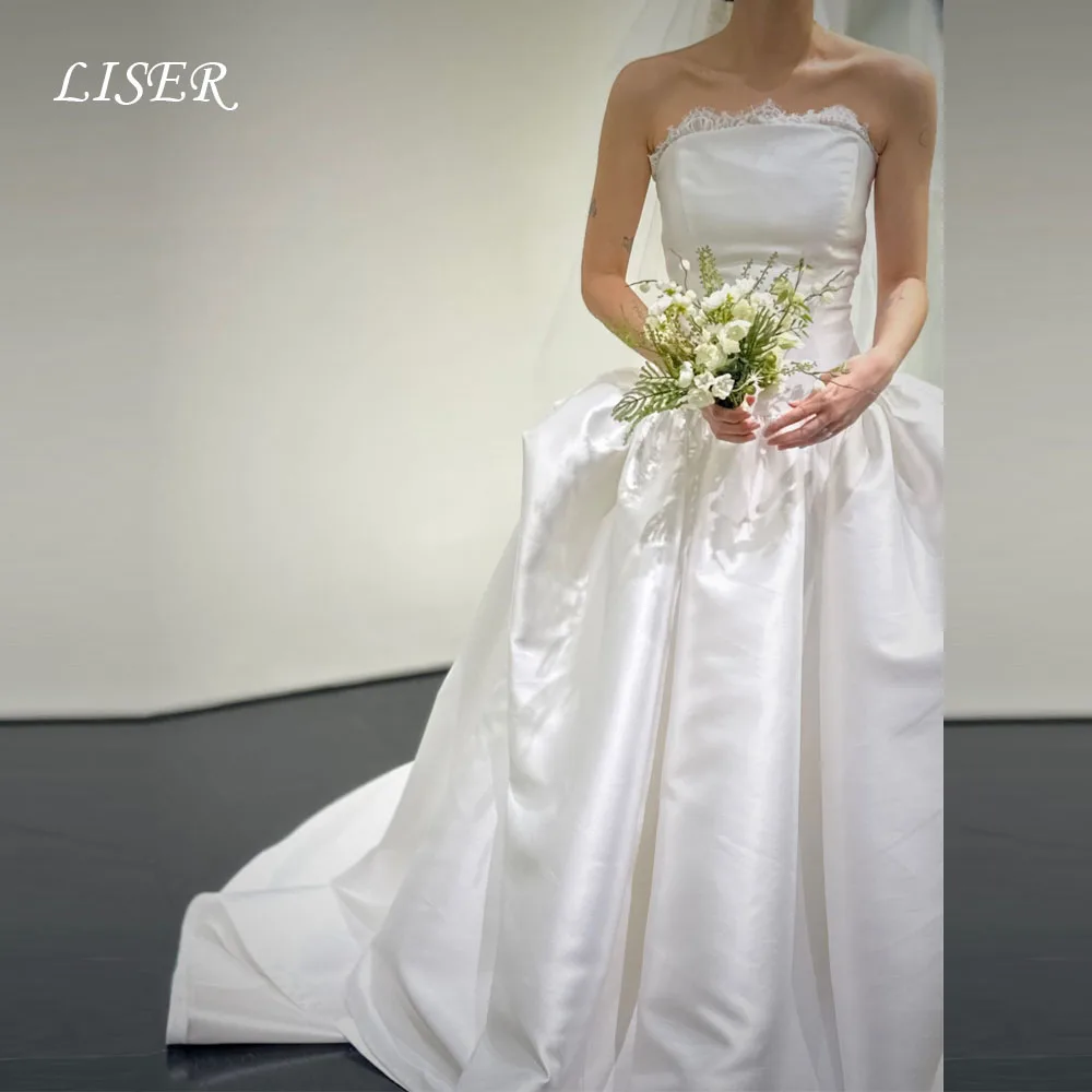 

Liser Strapless A-Line Simple Korea Modern Wedding Dresses Satin Silk Customized Photo Shoot Elegant Bridal Gowns 웨딩드레스