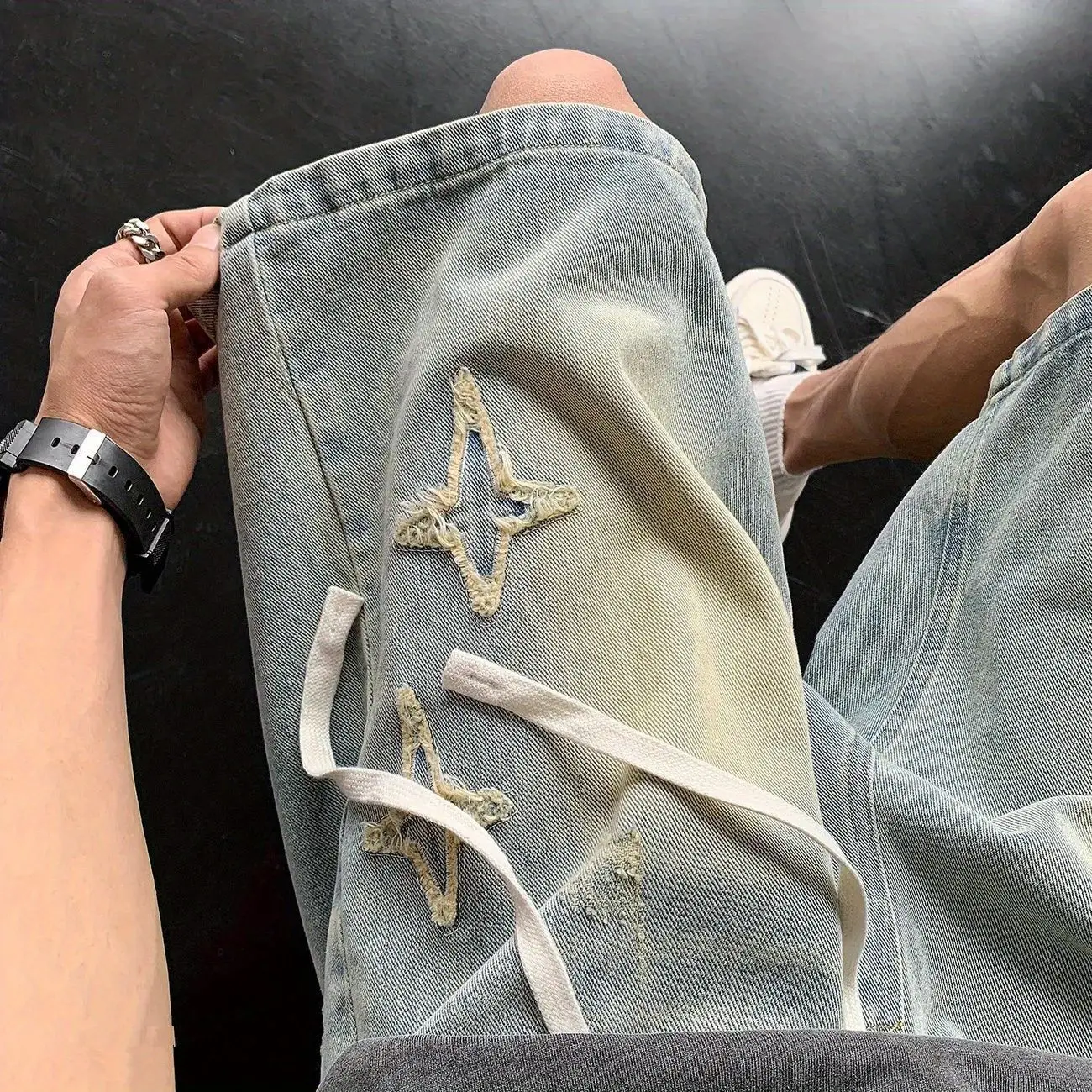 

Embroidered Denim Shorts Summer Men's Elastic Waist Five-point Pants High Street Breeches Casual Outer Pants