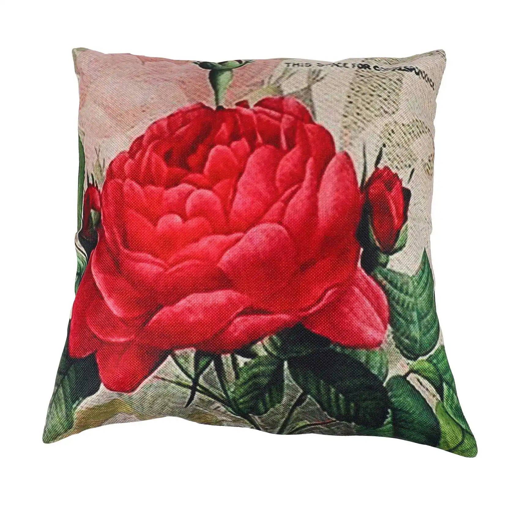 AT16 Vintage Floral/Flower flax Decorative Throw Pillow Case Cushion Cover Home Sofa Decorative(Rose flower)