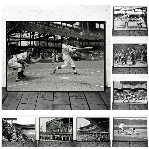 Vintage Baseball Schwarz und Weiß Poster Leinwanddruck Malerei Wandkunst Schlafzimmer Arbeitszimmer Studio Wohnzimmer Home Decor