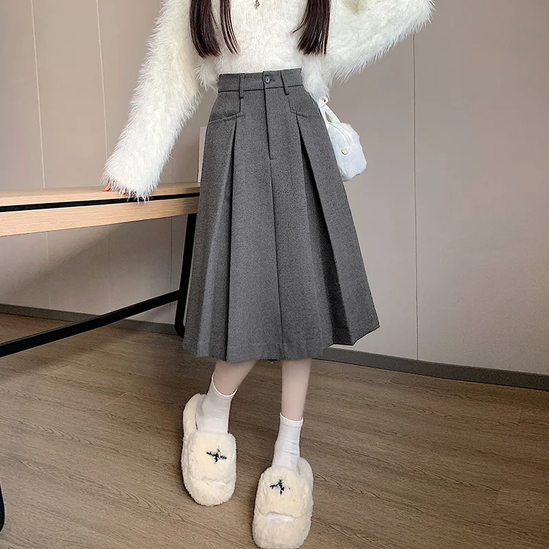 

2025 Winter New A-Line Woolen Midi Skirt Casual Versatile f-length Skirt Korean Sle High Waist Thiened Commute Skirt