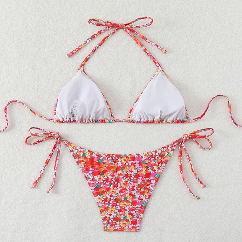 Sexy Floral Print Bikinis Sets Two Pieces String Tie Halter Thong Swimsuit Swimwear Bathing Suit Beach Outfits Biquini Tankini