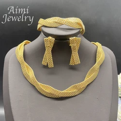 Gold Plated Jewelry Set for Women Golden Choker Collar Necklace Drop Earrings Bracelet Jewellery African Party Wedding Gifts