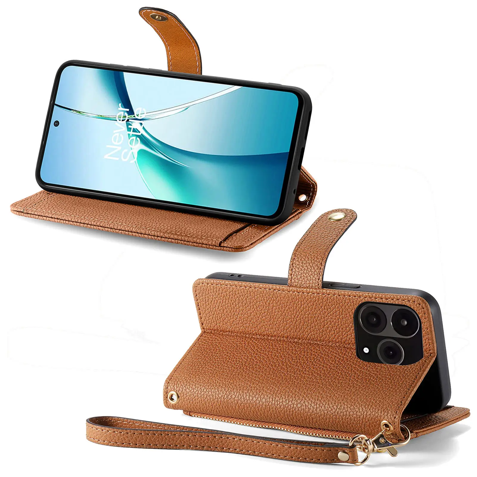 For OnePlus 15 oneplus15 5G Case Luxury Leather Zipper RFID Wallet Card Slot Wrist Strap Shockproof Hard Back Cover Accessories