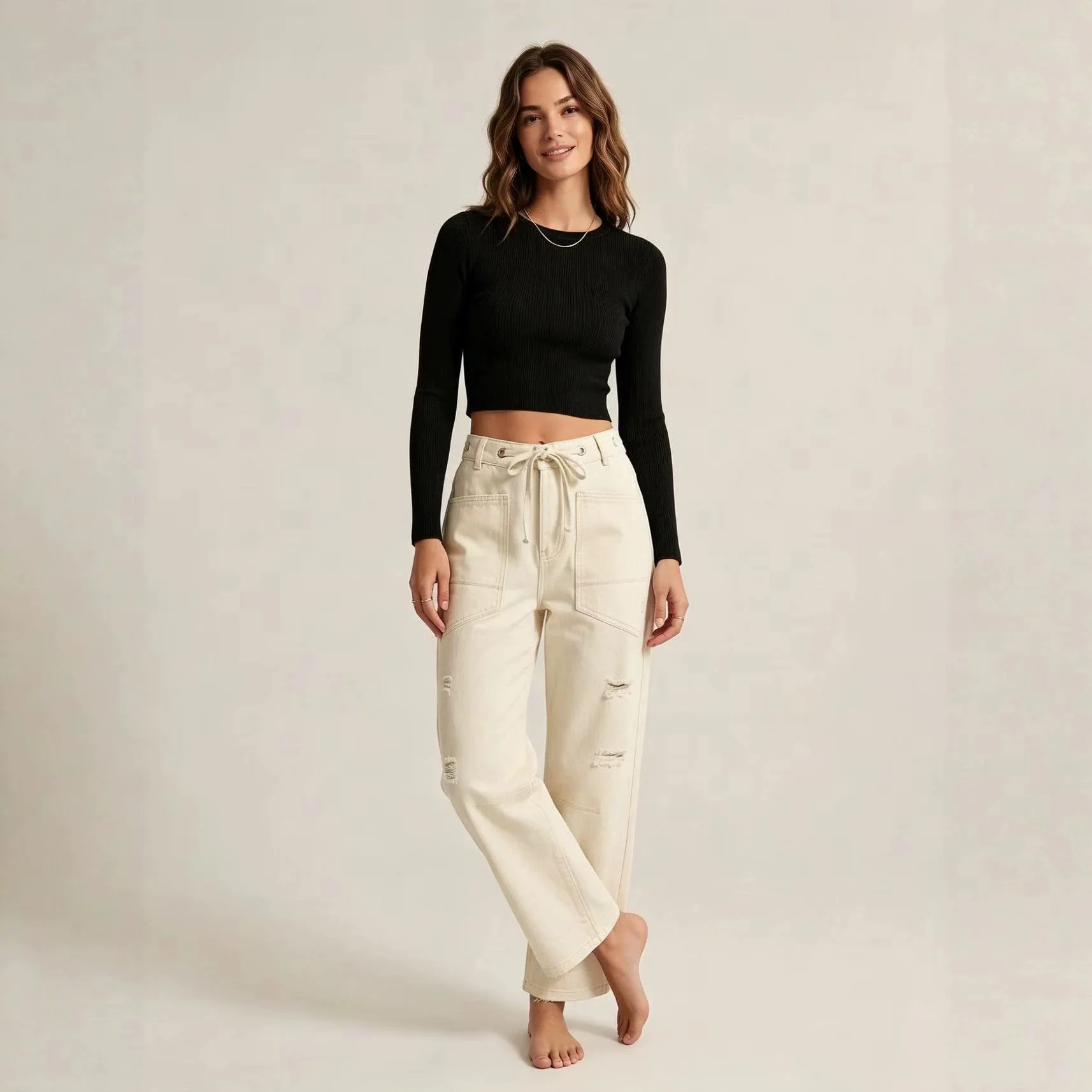 Y2k Jeans Women Denim Pants Straight Trousers Drawstring Long Pant Casual Loose Streetwear Button Pocket Splice Mom Jeans