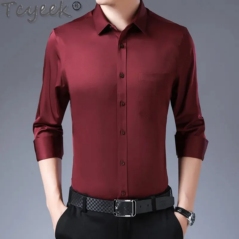 

100% Tcyeek Mulberry Silk Long Sleeve Shirt for Men New High-grade Bright Satin Wedding Men's Skirts Line Red Lining Clothes Cjk