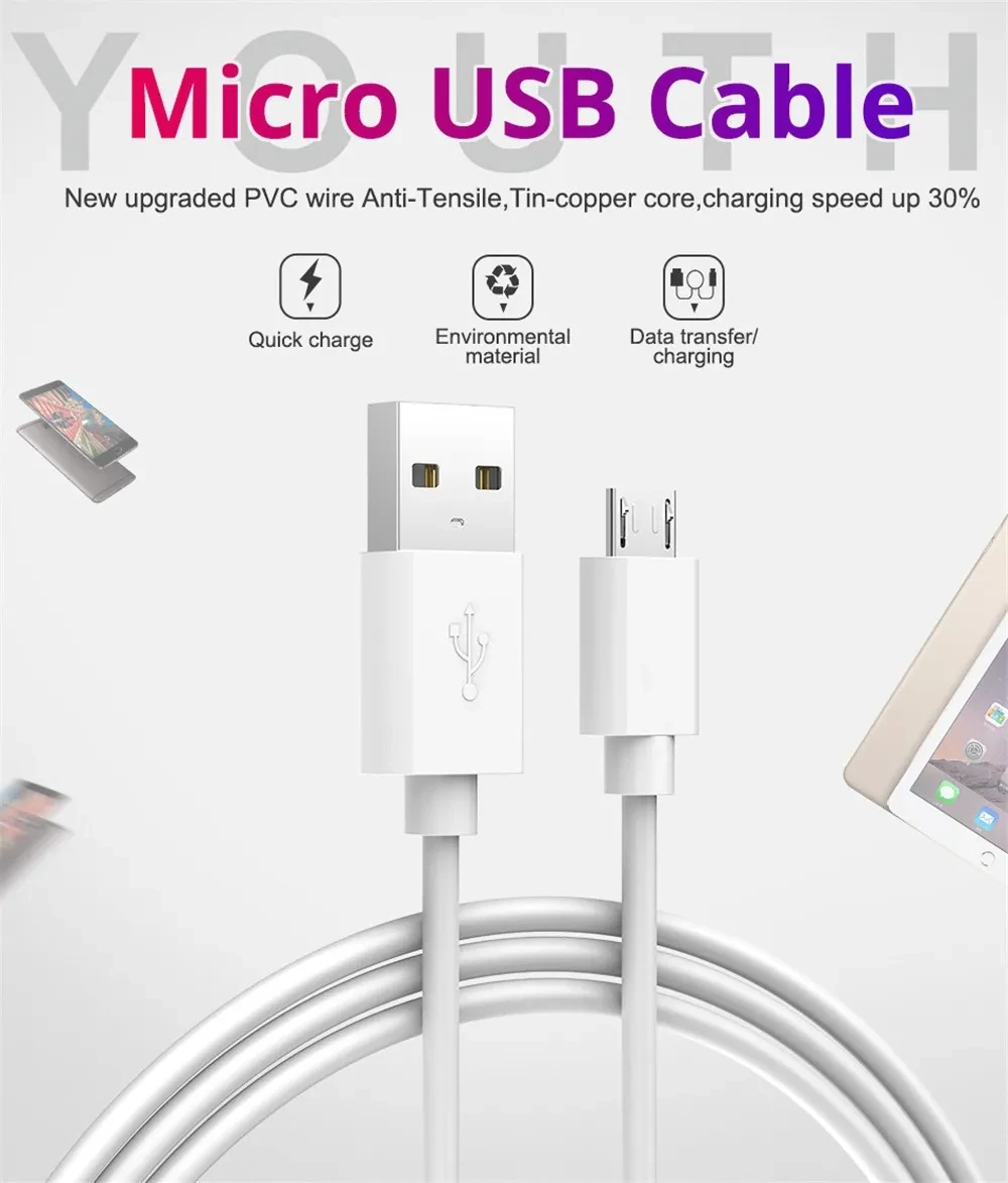 NNBILI 3PCS Micro USB Cable 2.4A Fast Charging Wire Mobile Phone Micro USB Cable For Xiaomi Samsung Andriod Charge Cable Cord
