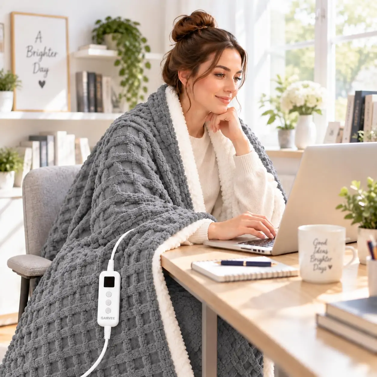 Plaid Jacquard Milk Velvet Electric Heated Blanket, LCD Controller, 90x100 inches, Grey