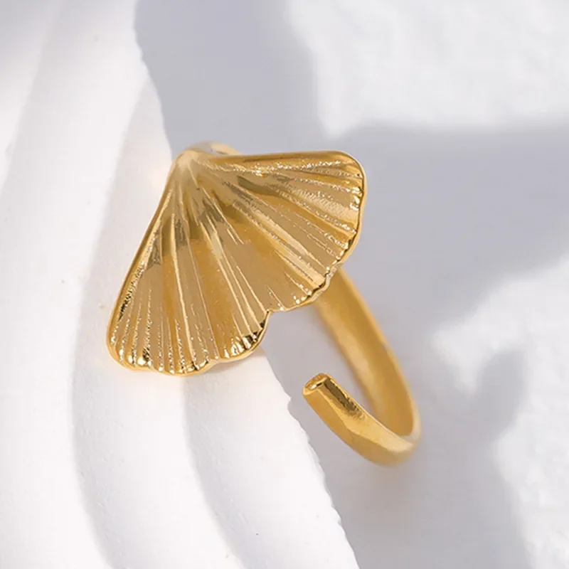 Stainless Steel Classic Gold Color Leaf Shell Adjustable Rings for Women Men Charm Summer Beach Finger Couple Jewelry Accessory