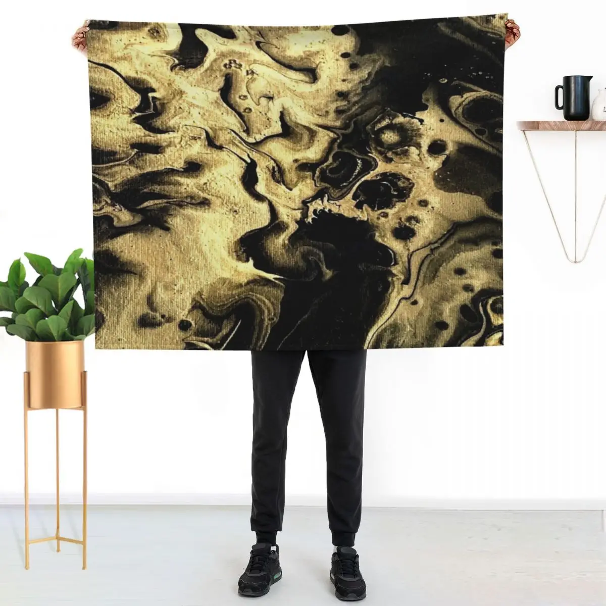 Gold and Black Fluid Art Throw Blanket No Pilling Soft Warm Blanket for Bed