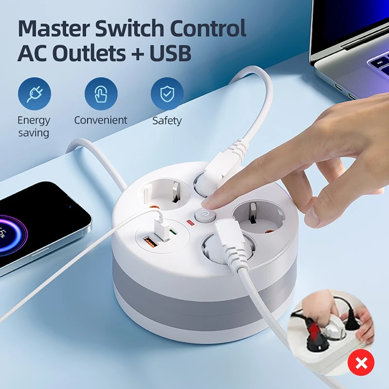 Power Strip Wall Socket Extender with 2.8 meter extension line 4 AC Outlets 2 USB Ports And 1 Type C EU Plug Charger Switch