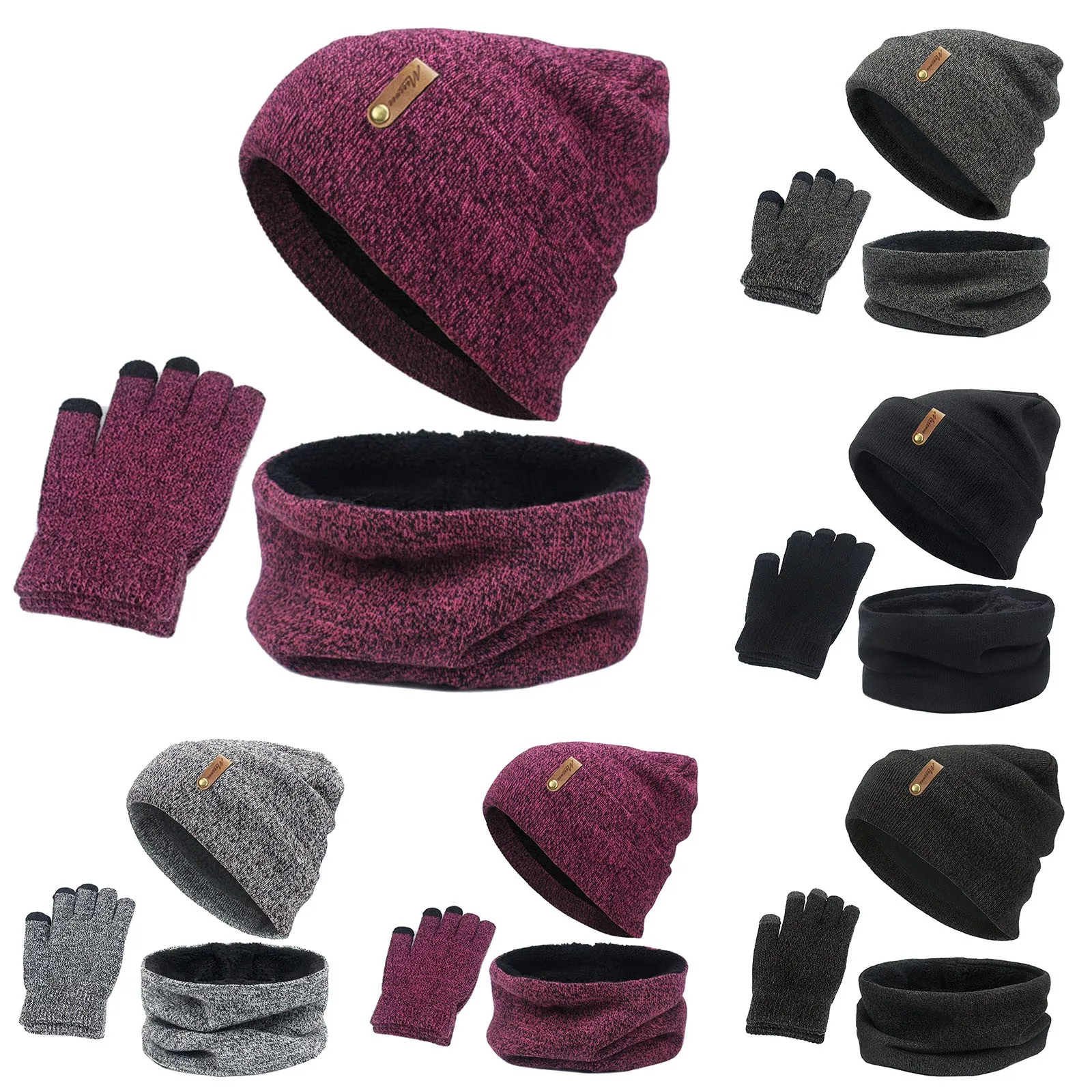 Unisex Beanies Hat Ring Scarf Gloves Set Winter Knitted Thick Warm Cap Women Men Solid Retro Beanie Hat Soft Touch Screen Gloves