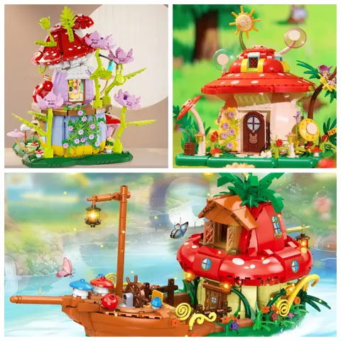 MOC Fairy Tale Blossom Flowers Mushroom House Building Blocks Set Elf Boat Forest Tree Hut Toy For Children Holiday Special Gift