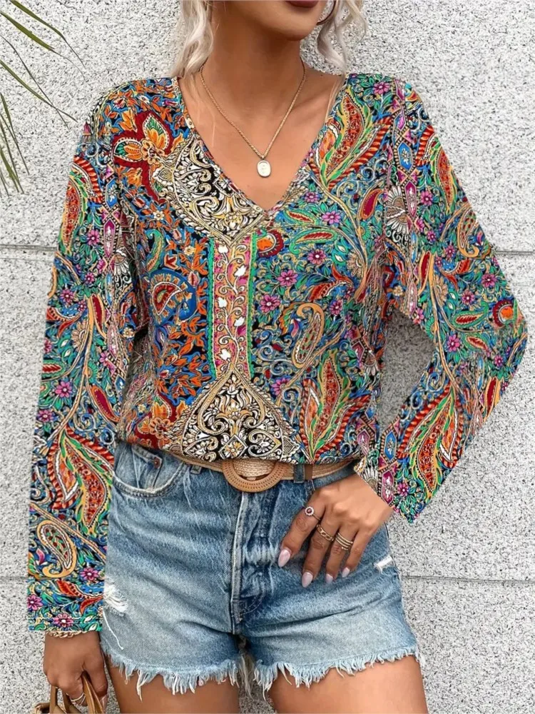 

Female Fashion Floral Print Top Woman Casual V-neck Long Sleeves Loose Shirt Ladies Spring Autumn Blouses Nice Blouses For Women