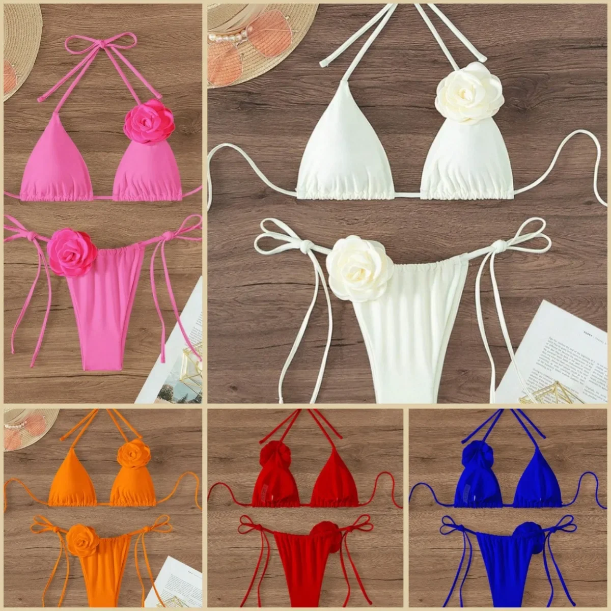 

S - XL Sexy 3D Flowers Halter Strappy Bikini Women Swimwear Female Swimsuit Two-pieces Bikini set Bather Bathing Suit Swim K5297