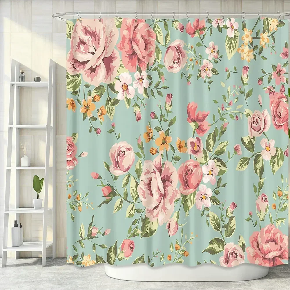 Pink Flowers Shower Curtain Waterproof Bathroom Rose Floral Blooming Green Leaves Rustic Girl Women Bathtub Accessories Decor