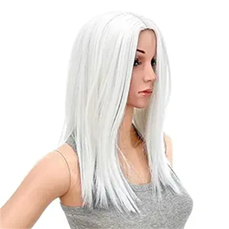 

14-Inch Short Straight Middle Hair Straightener Woman Medium Length Synthetic Heat Resistant Wigs for Women with Wig Cap (White)