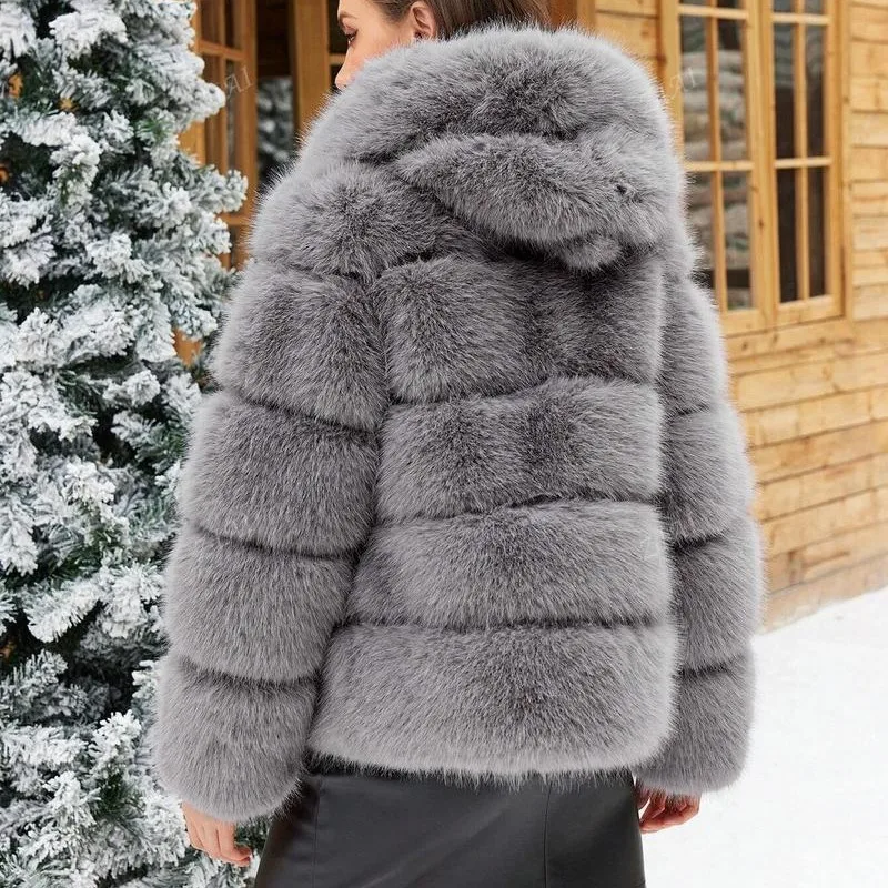 Korean Style Women's Short Hooded Faux Fox Fur Coat Fashion Streetwear with Faux Fur Trim Thickened Winter Faux Fur Outwear
