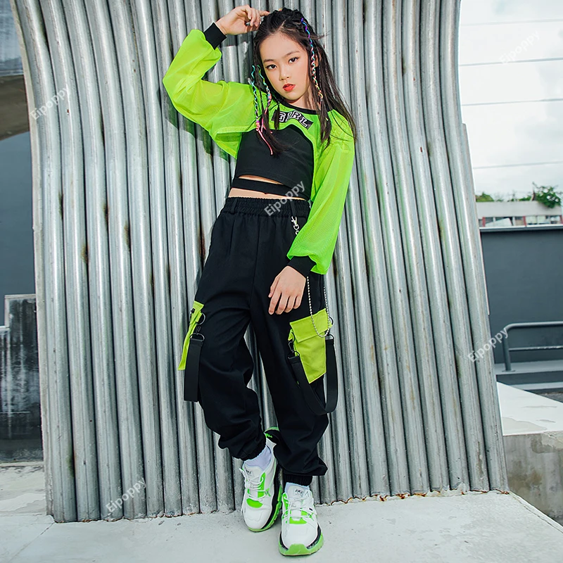 Top gilet nero pantaloni Cargo Street Dance Performance Wear bambini vestiti Hip Hop ragazze Jazz Dance Costume Neon Green Crop