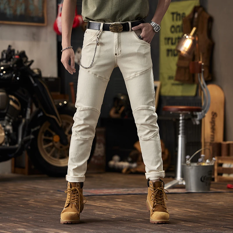 

Beige jeans men's slim fit fashionable retro non-mainstream stitching motorcycle all-matching long pants nightclub