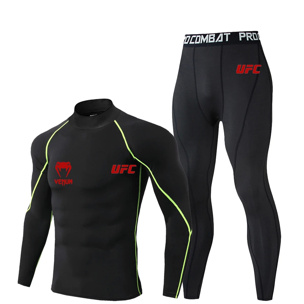 

UFC Compression T-shirt Long Pants Men's Running High Neck Elastic Quick Drying Sports T-shirt Set UFC Printed lLong Sleeved Set