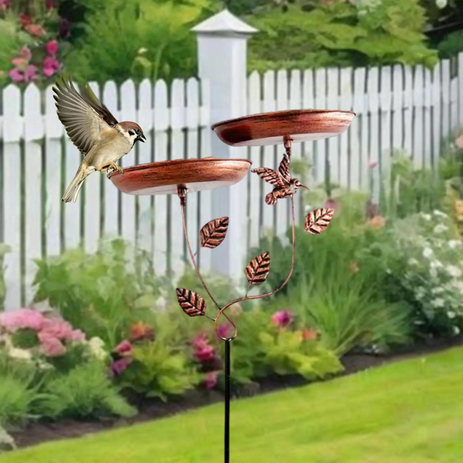 

Bird Feeder and Waterer Tray with Stake 2 in 1 Iron Bird Bath and Water Station Insert into Ground or Lawn