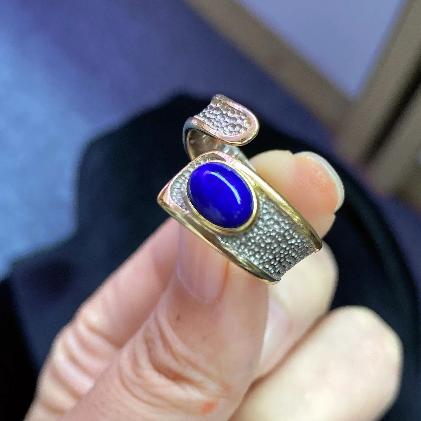 1 قطعة Fengbaowu اللازورد الطبيعي البيضاوي كابوشون الدائري 8x8.5 مللي متر 925 فضة الريكي أحجار استشفاء خاتم هدايا مجوهرات أنيقة #1