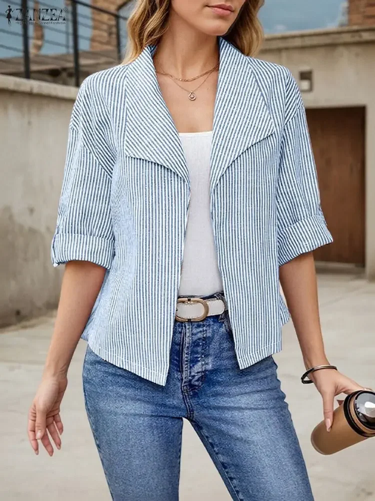 سترة عصرية مخططة من ZANZEA لخريف 2025 بأكمام طويلة بدلات أنيقة للمكتب للسيدات قميص معطف فضفاض غير رسمي ملابس الشارع