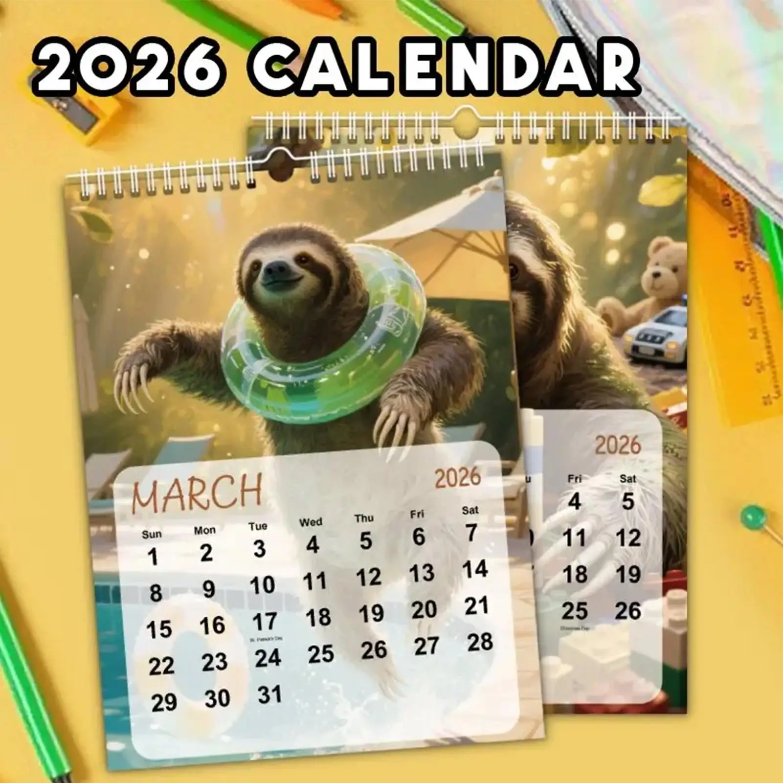 Funny Animal Calendar 2026 Sloth Skiing 12-Month Planner 8.27x11.02in Funny Wall Calendar for Home Workplace Dorm Apartment