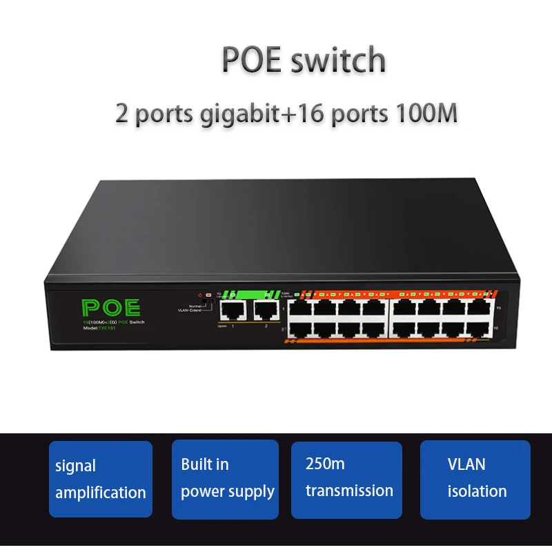 

16 ports 100M+2 ports 1000M POE switch Gigabit Network Switch Ethernet Smart Switcher RJ45 Hub Internet Splitter Plug and Play