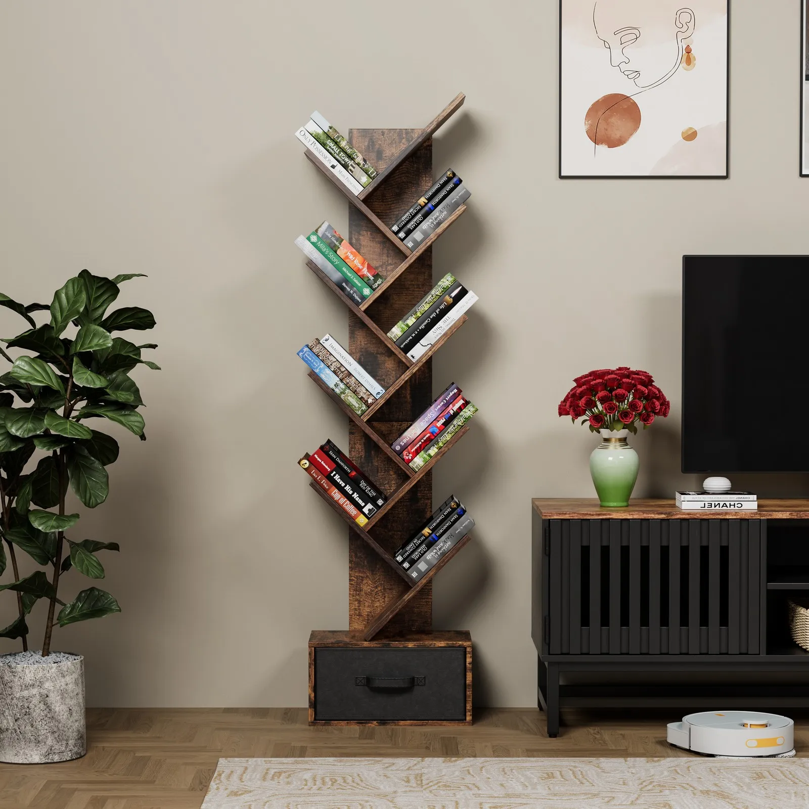 

9-Tier Tree Bookshelf with Fabric Drawer, Industrial Bookcase Storage Organizer