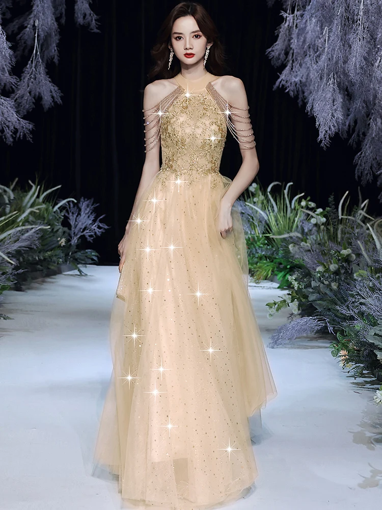 

Champagne Color Evening Gown Women's 2026 New Banquet Elegance Luxury Small High-end Host Long Dr High-end Feeling Annual ...