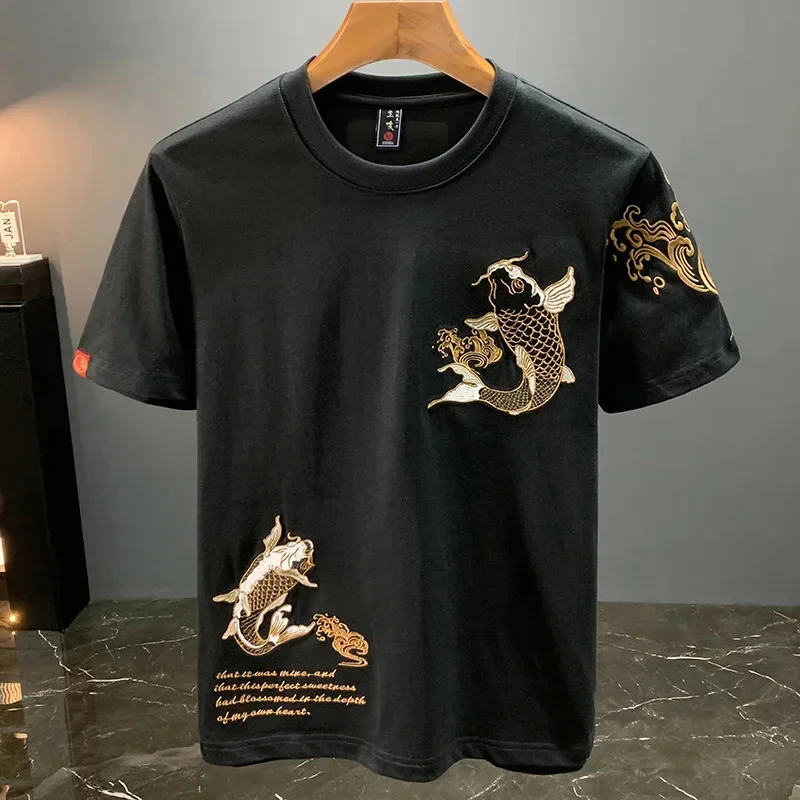 

Мужская футболка с короткими рукавами и вышивкой кои в этническом стиле, лето 2026, новая модная свободная китайская одежда